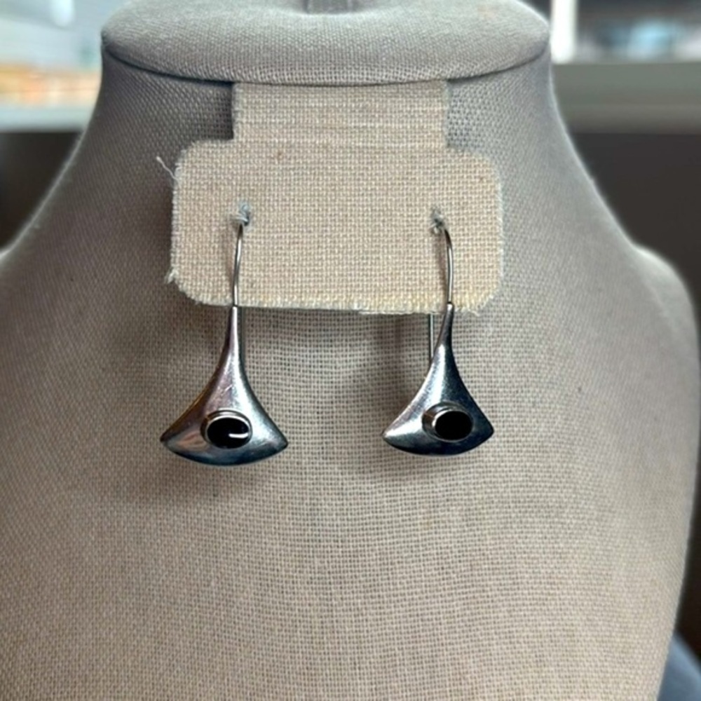 925 Vintage Sterling Silver Black Onyx  Earrings - Picture 4 of 9